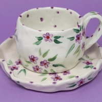 Classy Purple Ceramic Set with Natural Rose Motif   - Set of Mug and Plate