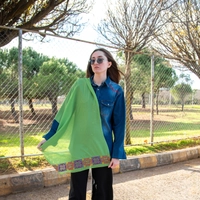 Dark Green Shawl Decorated with Geometric Patterns of Hand Embroidery