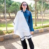 Wide White Scarf Decorated on the Edges with Black Embroidery Patterns