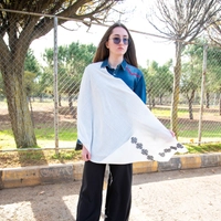 Wide White Scarf Decorated on the Edges with Black Embroidery Patterns