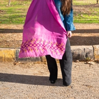 Wide Fuchsia Shawl Decorated with Yellow Peasant Embroidery