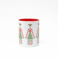 Christmas Mug: White & Red Mug with Christmas Tree and Heritage Ornament Print