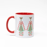 Christmas Mug: White & Red Mug with Christmas Tree and Heritage Ornament Print