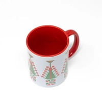 Christmas Mug: White & Red Mug with Christmas Tree and Heritage Ornament Print