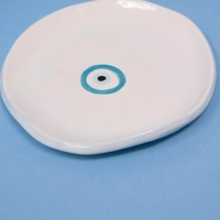 Handmade White Round Jewelry Dish with Blue Bead Design