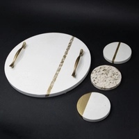 Luxurious Concrete Serving Set: Circular Serving Tray with White & Gold Coasters