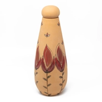 Pottery Bottle with a Water Cup Adorned with Red Flowers Drawings - 1.5 Liters