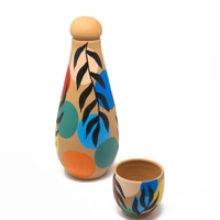 Pottery Water Bottle with Cup - Adorned with Colorful Details - 1.5-liter