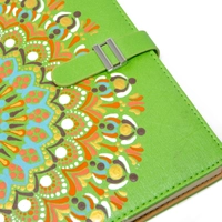 Elegant Notebook with Green Leather Cover - Decorated with Hand-Drawn Mandala Design