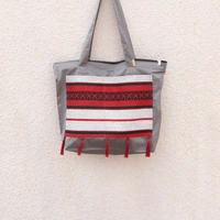 Gray Shopping Bag with Red Bedouin Design - Sadu Fabric