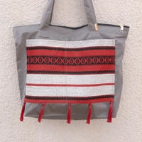 Gray Shopping Bag with Red Bedouin Design - Sadu Fabric