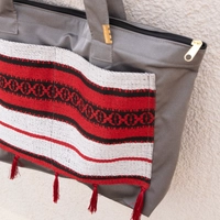 Gray Shopping Bag with Red Bedouin Design - Sadu Fabric