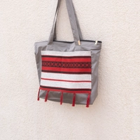 Gray Shopping Bag with Red Bedouin Design - Sadu Fabric