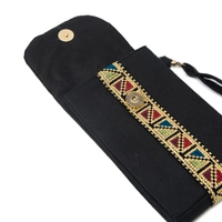 Black Wallet with Two Pockets Adorned with Elegant Hand Embroidery