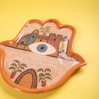 Brown Serving Plate with Hamsa - Fatima Palm Design - Adorned with Mosaic Details