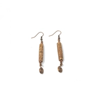 Long Dangling Copper Earring with Engraved Wooden Bead