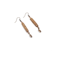 Long Dangling Copper Earring with Engraved Wooden Bead