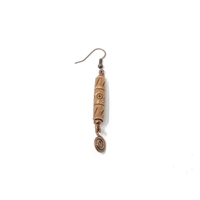 Long Dangling Copper Earring with Engraved Wooden Bead