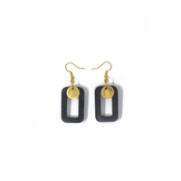 Black Dangling Earring Rectangular Design Adorned with Golden Circular Pieces