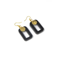 Black Dangling Earring Rectangular Design Adorned with Golden Circular Pieces