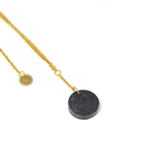 Long Golden Necklace with Circular Shiny Black Pendant