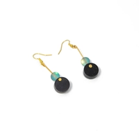 Stylish Earrings: A Drop Earring with A Blue Bead and A Shiny Round Black Stone