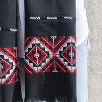 Black Men's Scarf Decorated with Elegant Traditional Red Hand Embroidery 