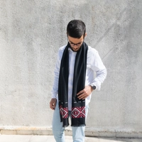 Black Men's Scarf Decorated with Elegant Traditional Red Hand Embroidery 