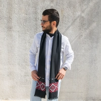 Black Men's Scarf Decorated with Elegant Traditional Red Hand Embroidery 