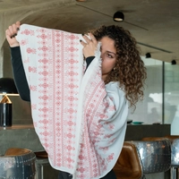 White Peasant Shoulder Shawl Decorated with Traditional Red Hand-Embroidery