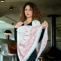 White Peasant Shoulder Shawl Decorated with Traditional Red Hand-Embroidery