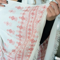 White Peasant Shoulder Shawl Decorated with Traditional Red Hand-Embroidery