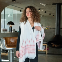 White Peasant Shoulder Shawl Decorated with Traditional Red Hand-Embroidery