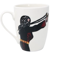 White ceramic mug with the drawing of a Palestinian woman fighting for her land