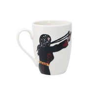 White ceramic mug with the drawing of a Palestinian woman fighting for her land