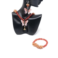 Elegant Butterfly Set - Handmade Orange Beaded Butterfly Earrings with Chain and Bracelet