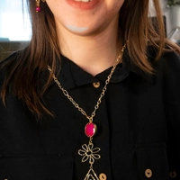 Modern Gold Accessory Set Decorated with Fuchsia Beads - Dangling Earrings, Necklace and Bracelet with a Flower Design