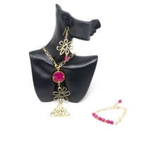 Modern Gold Accessory Set Decorated with Fuchsia Beads - Dangling Earrings, Necklace and Bracelet with a Flower Design