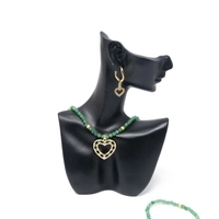 Handmade Set of Necklace , Bracelet and Earring Made of Bright Green Beads and Decorated with A Golden Heart Design