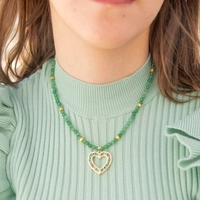 Handmade Set of Necklace , Bracelet and Earring Made of Bright Green Beads and Decorated with A Golden Heart Design