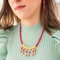 Modern Accessory Set in Fuchsia and Gold Color - Consisting of a Necklace, Earring and Bracelet Made of Small Round Beads