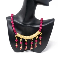 Modern Accessory Set in Fuchsia and Gold Color - Consisting of a Necklace, Earring and Bracelet Made of Small Round Beads