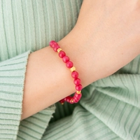 Modern Accessory Set in Fuchsia and Gold Color - Consisting of a Necklace, Earring and Bracelet Made of Small Round Beads