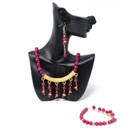 Modern Accessory Set in Fuchsia and Gold Color - Consisting of a Necklace, Earring and Bracelet Made of Small Round Beads