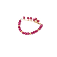 Modern Accessory Set in Fuchsia and Gold Color - Consisting of a Necklace, Earring and Bracelet Made of Small Round Beads