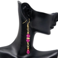 Modern Accessory Set in Fuchsia and Gold Color - Consisting of a Necklace, Earring and Bracelet Made of Small Round Beads