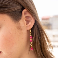 Modern Accessory Set in Fuchsia and Gold Color - Consisting of a Necklace, Earring and Bracelet Made of Small Round Beads