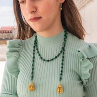 Elegant Accessory Set Consisting of Earring, Necklace , and two Bracelets Handcrafted from Green and Black Stones