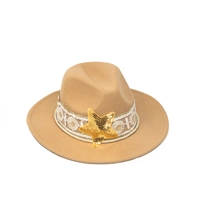 Ladies' Fedora Hat beige Designed with Gold and White Lace Details and a Sequin Star