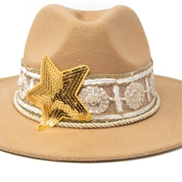 Ladies' Fedora Hat beige Designed with Gold and White Lace Details and a Sequin Star